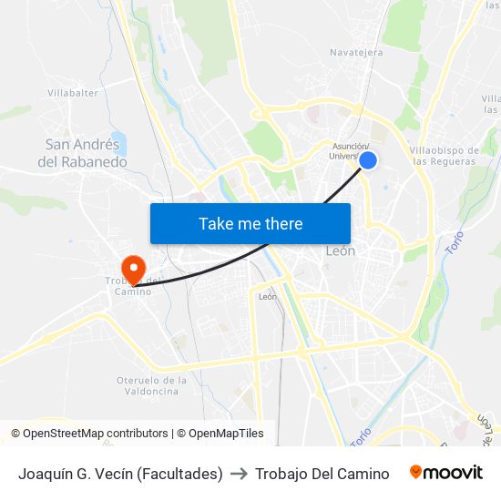 Joaquín G. Vecín (Facultades) to Trobajo Del Camino map