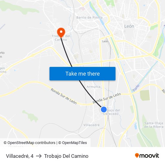 Villacedré, 4 to Trobajo Del Camino map