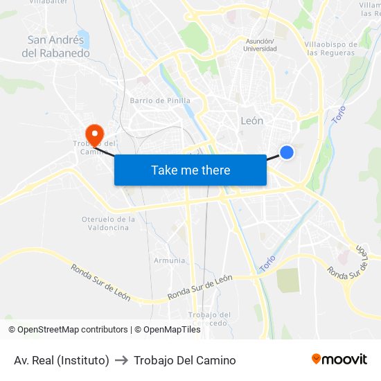 Av. Real (Instituto) to Trobajo Del Camino map