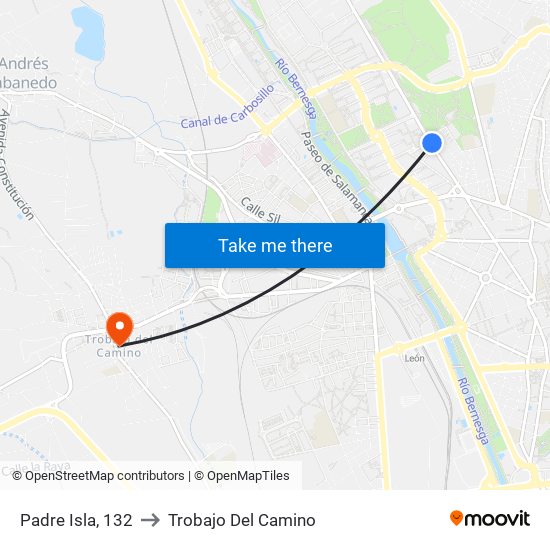 Padre Isla, 132 to Trobajo Del Camino map