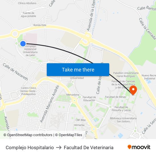 Complejo Hospitalario to Facultad De Veterinaria map