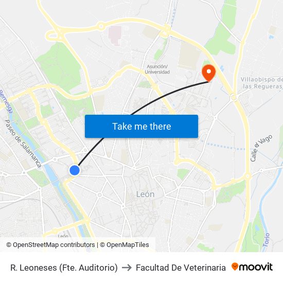 R. Leoneses (Fte. Auditorio) to Facultad De Veterinaria map