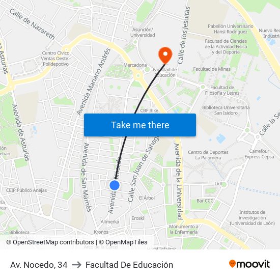 Av. Nocedo, 34 to Facultad De Educación map
