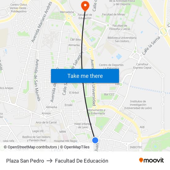 Plaza San Pedro to Facultad De Educación map