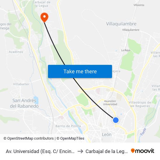 Av. Universidad (Esq. C/ Encinar) to Carbajal de la Legua map