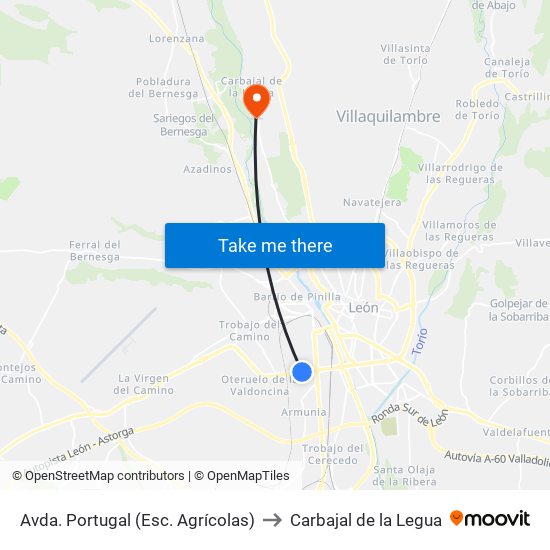 Avda. Portugal (Esc. Agrícolas) to Carbajal de la Legua map