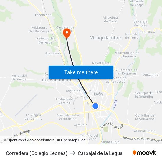 Corredera (Colegio Leonés) to Carbajal de la Legua map