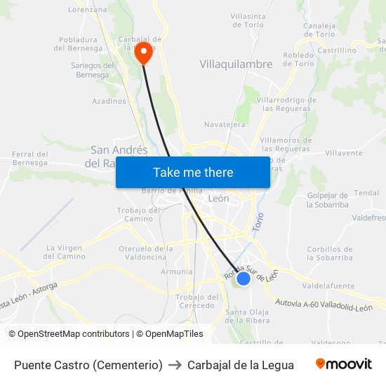 Puente Castro (Cementerio) to Carbajal de la Legua map