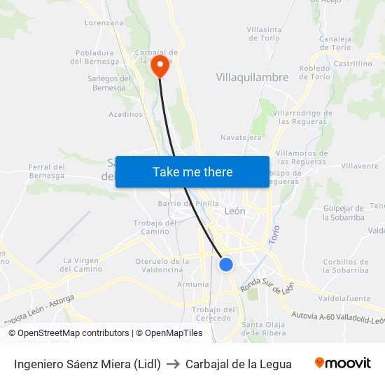 Ingeniero Sáenz Miera (Lidl) to Carbajal de la Legua map