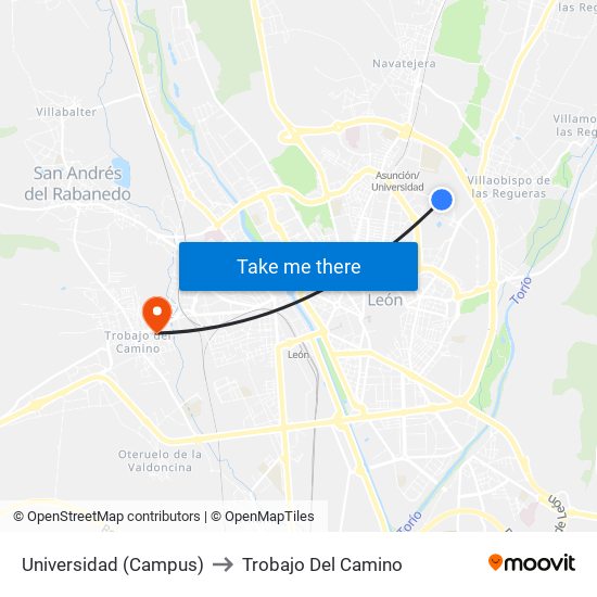 Universidad (Campus) to Trobajo Del Camino map