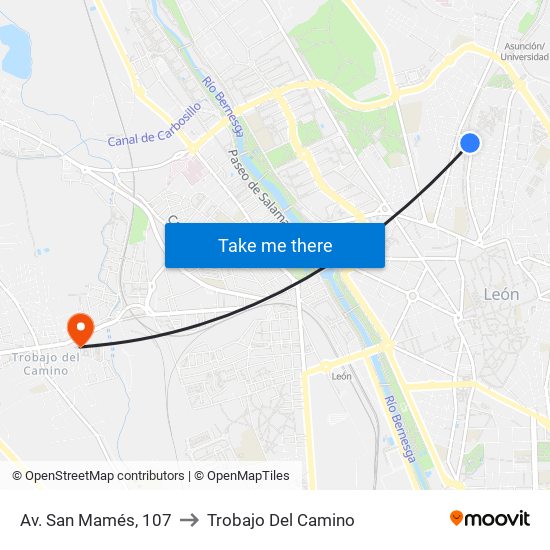 Av. San Mamés, 107 to Trobajo Del Camino map