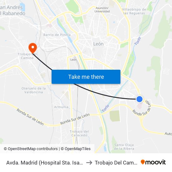 Avda. Madrid (Hospital Sta. Isabel) to Trobajo Del Camino map