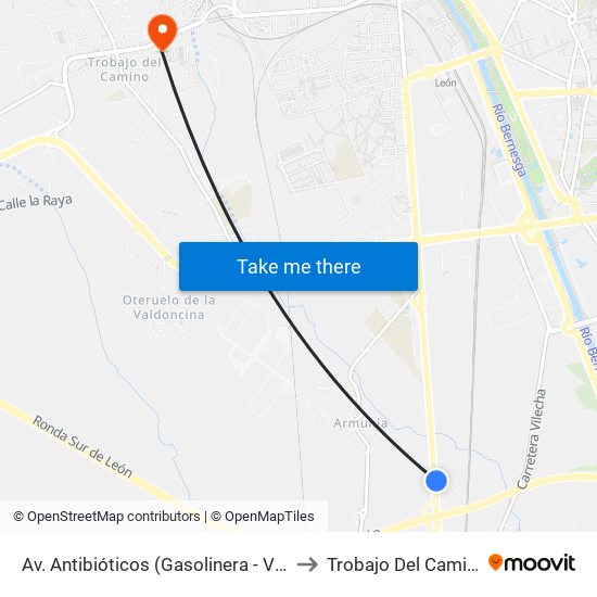 Av. Antibióticos (Gasolinera - Vta.) to Trobajo Del Camino map