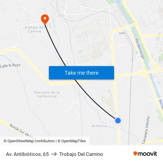 Av. Antibióticos, 65 to Trobajo Del Camino map