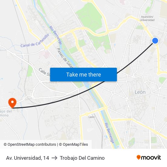 Av. Universidad, 14 to Trobajo Del Camino map