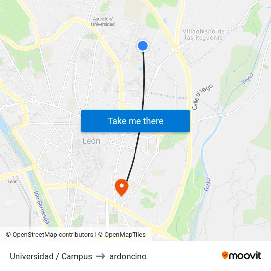 Universidad / Campus to ardoncino map