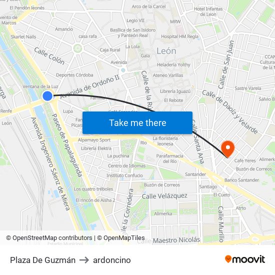 Plaza De Guzmán to ardoncino map