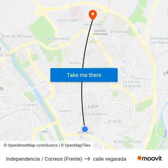 Independencia / Correos (Frente) to calle vegarada map