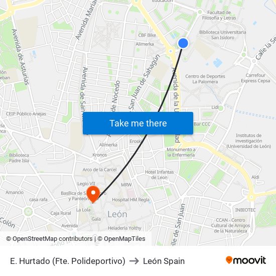 E. Hurtado (Fte. Polideportivo) to León Spain map