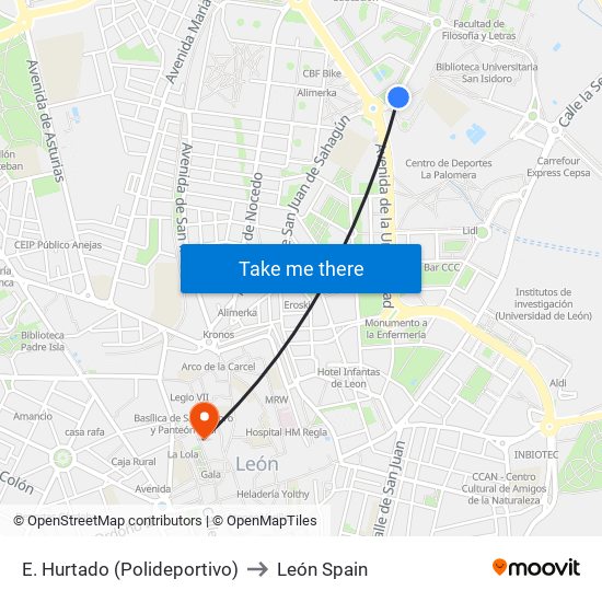 E. Hurtado (Polideportivo) to León Spain map