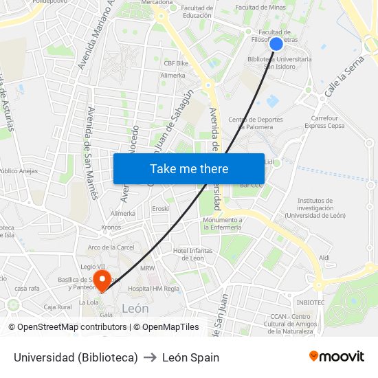 Universidad (Biblioteca) to León Spain map