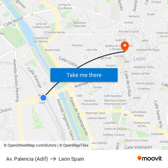 Av. Palencia (Adif) to León Spain map