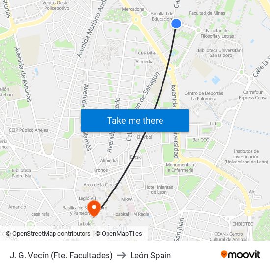 J. G. Vecín (Fte. Facultades) to León Spain map