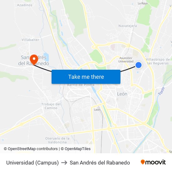 Universidad (Campus) to San Andrés del Rabanedo map
