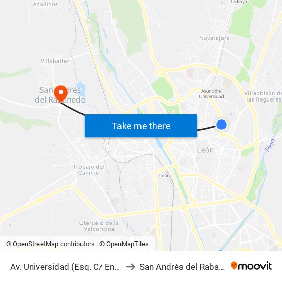 Av. Universidad (Esq. C/ Encinar) to San Andrés del Rabanedo map