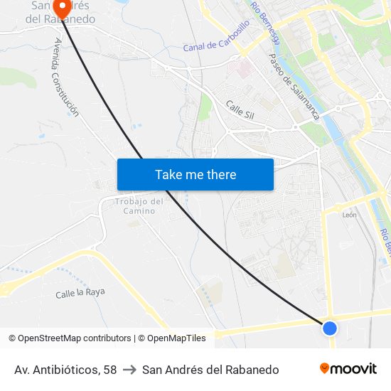 Av. Antibióticos, 58 to San Andrés del Rabanedo map