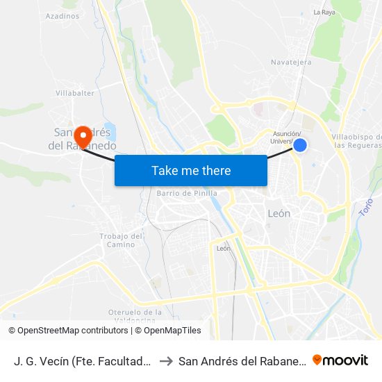 J. G. Vecín (Fte. Facultades) to San Andrés del Rabanedo map