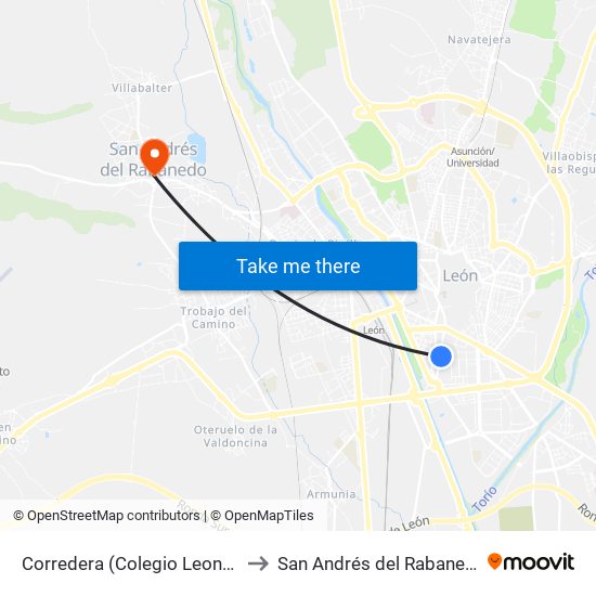 Corredera (Colegio Leonés) to San Andrés del Rabanedo map