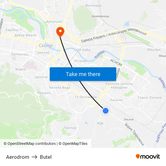 Aerodrom to Butel map
