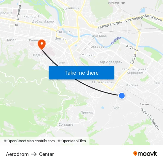 Aerodrom to Centar map