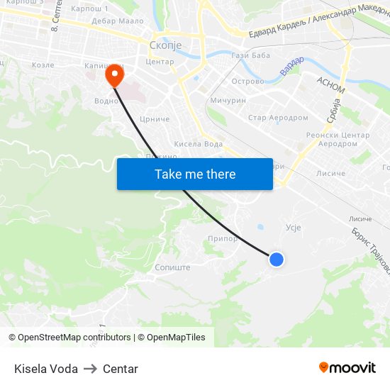 Kisela Voda to Centar map