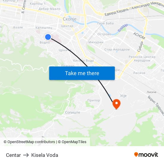 Centar to Kisela Voda map