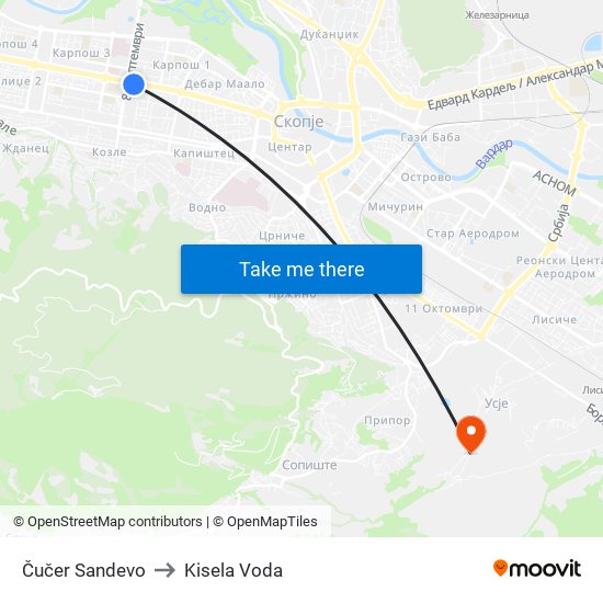 Čučer Sandevo to Kisela Voda map