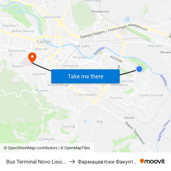 Bus Terminal Novo Lisiche to Фармацевтски Факултет map