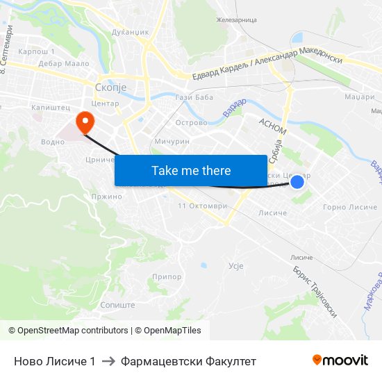 Ново Лисиче 1 to Фармацевтски Факултет map