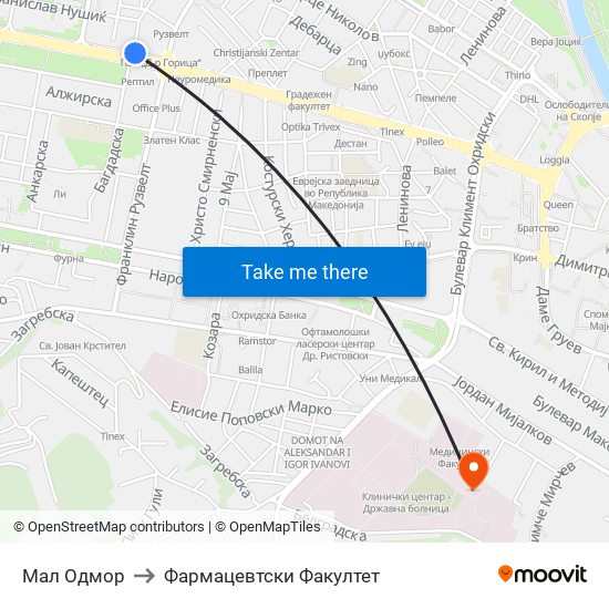 Мал Одмор to Фармацевтски Факултет map