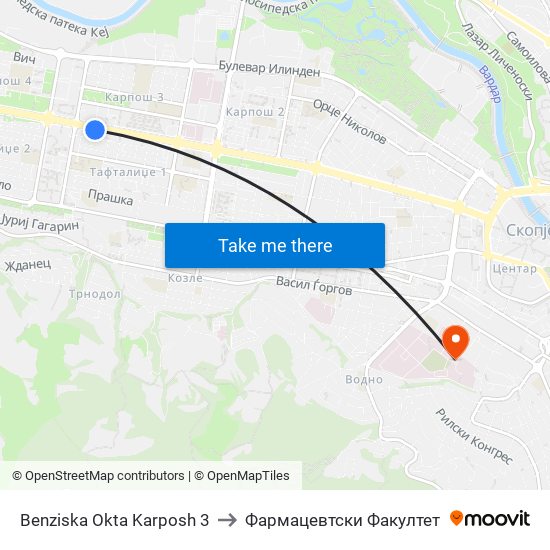 Benziska Okta Karposh 3 to Фармацевтски Факултет map