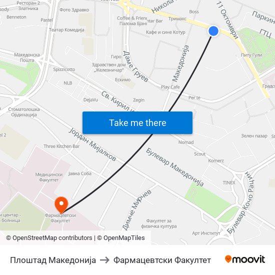 Плоштад Македонија to Фармацевтски Факултет map