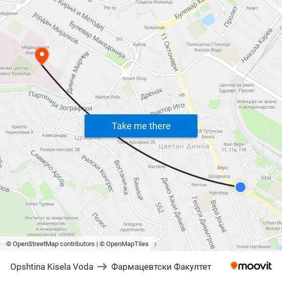 Opshtina Kisela Voda to Фармацевтски Факултет map