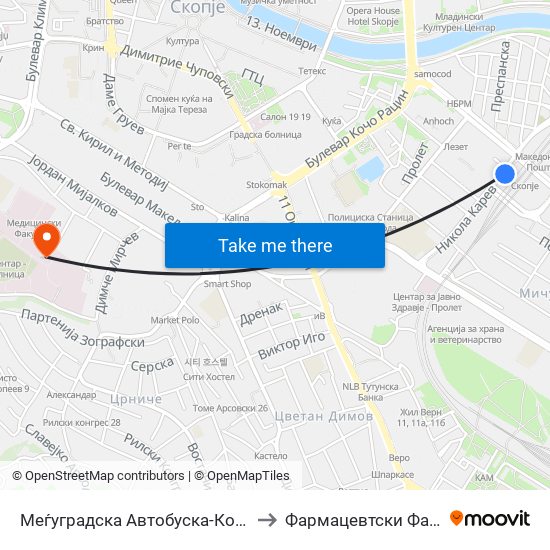 Меѓуградска Автобуска-Кон Центар to Фармацевтски Факултет map