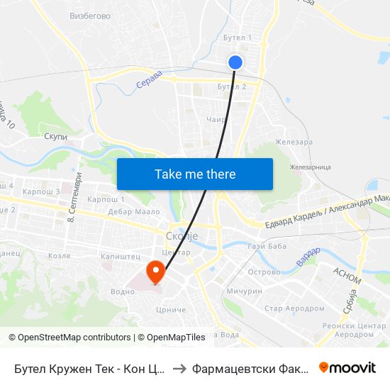 Бутел Кружен Тек - Кон Центар to Фармацевтски Факултет map