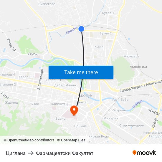 Циглана to Фармацевтски Факултет map