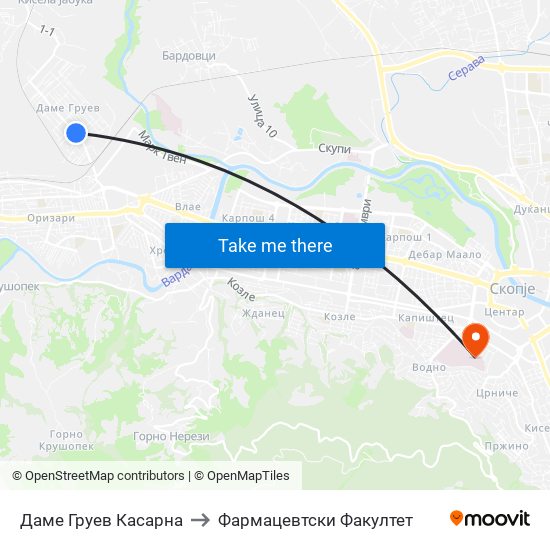 Даме Груев Касарна to Фармацевтски Факултет map