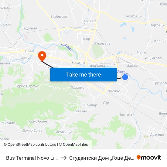 Bus Terminal Novo Lisiche to Студентски Дом „Гоце Делчев“ map