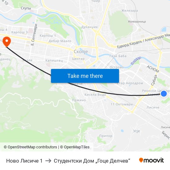 Ново Лисиче 1 to Студентски Дом „Гоце Делчев“ map
