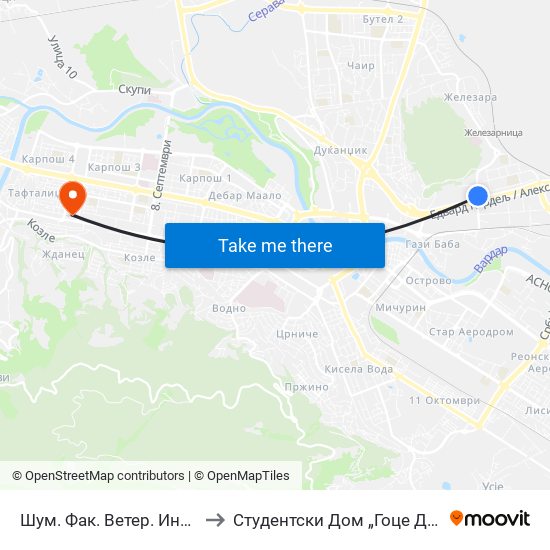 Шум. Фак. Ветер. Институт to Студентски Дом „Гоце Делчев“ map